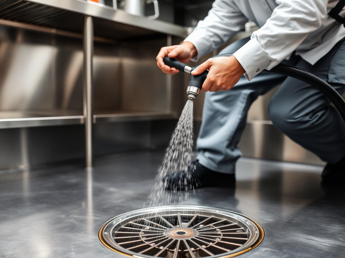 Technician hydro-jetting a stainless steel commercial kitchen floor drain